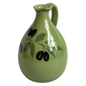 Vintage Artisan Italy Hand Painted Ceramic Olive Oil Jug 500mL 6.5" Green Olive